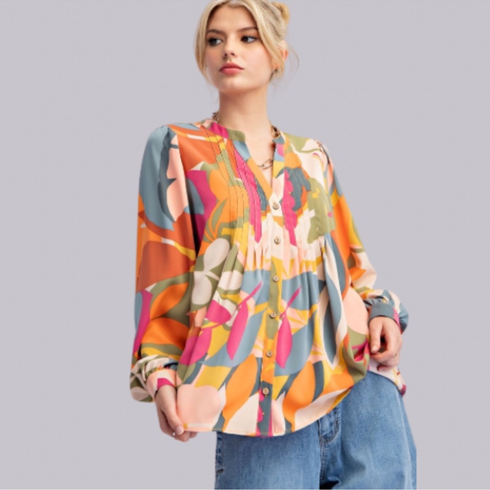 New Fabulous Boho Long Sleeve Pleated Abstract Print Sophia Twill Vibrant Blouse